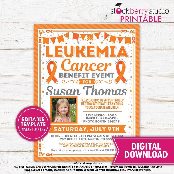 Leukemia Cancer Benefit Fundraiser Flyer Printable Orange Awareness Ribbon Charity Church Benefit Event Poster Editable Template Digital