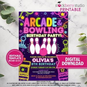 Peut inclure: Une invitation imprimable pour une fête d'anniversaire de 8 ans sur le thème du bowling et des jeux d'arcade au néon. L'invitation présente un ballon de bowling rose, des quilles blanches et un jeu d'arcade vert néon. Le texte sur l'invitation indique "Arcade & Bowling Birthday Party!" et "Olivia's 8th Birthday".