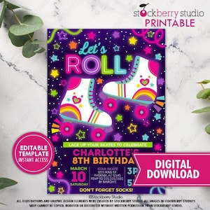 Glow Roller Skate Birthday Invitation Printable Girl Neon Rainbow Skating Invite Printed Roller Skate Party Digital Download Editable