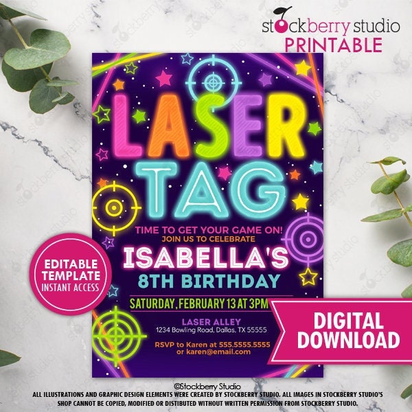 Girls Laser Tag Invitation Printable Neon Glow Birthday Invite Girl Birthday Rainbow Laser Party Printed Digital Download Editable Template