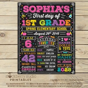 Girl First Day of School Sign Printable 1st Day of School Sign Back to School Sign First Day of School Chalkboard for Girls Kindergarten Pic 7: Sophia - Pink