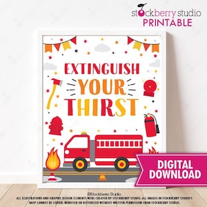 Fire Truck Party Sign Printable Extinguish Your Thirst Table Sign Firefighter Drinks Table Sign Decor Fireman Fire Station Decorations