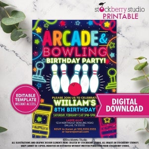 Arcade Bowling Birthday Party Invitation Printable Boy Neon Glow Bowl Games Invite Boys Digital Instant Download Editable Template