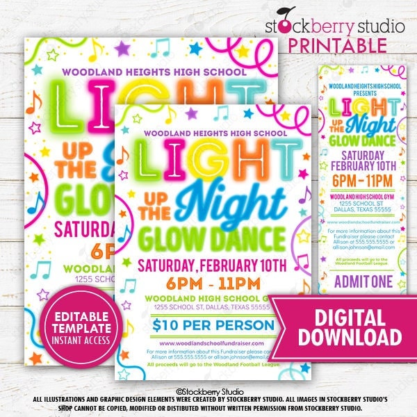 Light Up the Night Glow Dance Flyer Ticket Invite Set Printable Neon Glow High School Dance Event PTO PTA Digital Instant Download Editable