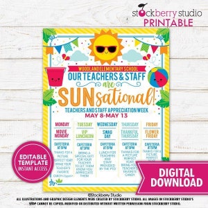 Beach Teacher Appreciation Week Schedule Itinerary Flyer Printable Sunsational Tropical Hawaii School PTO PTA Event Editable Template