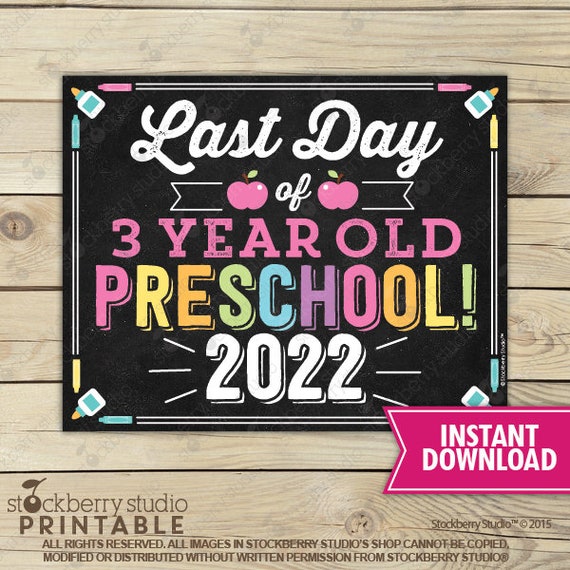 Girl Last Day of 3 year old Preschool Sign - Last Day of Preschool Printable - Chalkboard Sign Instant Download Last Day of School Il_570xn