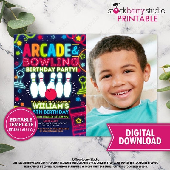 Glow Arcade Bowling Birthday Party Photo Invitation Printable Boy Neon