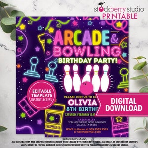 Arcade Bowling Birthday Party Invitation Printable Boy Neon Glow Bowl Games Invite Boys Digital Instant Download Editable Template Digital - Girl - 5x7