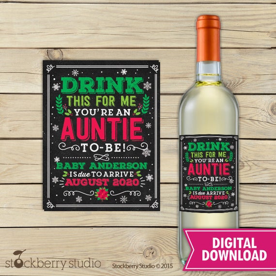 Drink This For Me You're An Auntie to Be Wine Label Christmas Pregnancy Announcement Promoted to Auntie Gift Printable - Pregnancy Reveal Il_570xn