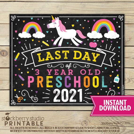 Unicorn Last Day of 3 Year old Preschool Sign - Girl Last Day of Preschool Sign - Last Day of School Sign Printable - Instant Download Il_570xn