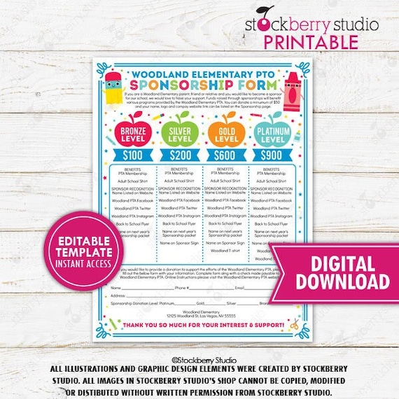 PTO PTA Sponsorship Form School Finance Fundraiser Event Donation Sign up Membership Handout Printable Template Editable Digital Download Il_570xn
