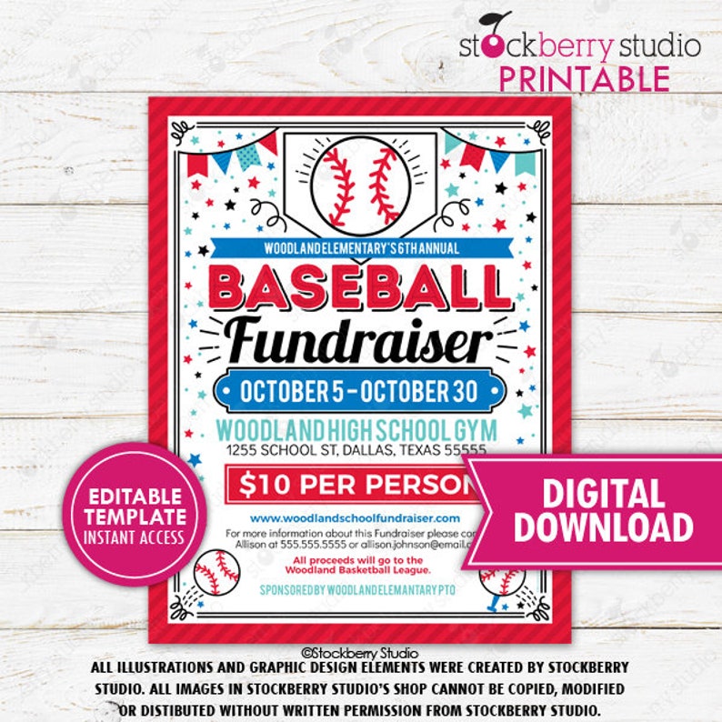Baseball Fundraiser Flyer Printable Tournament School PTO PTA - Etsy