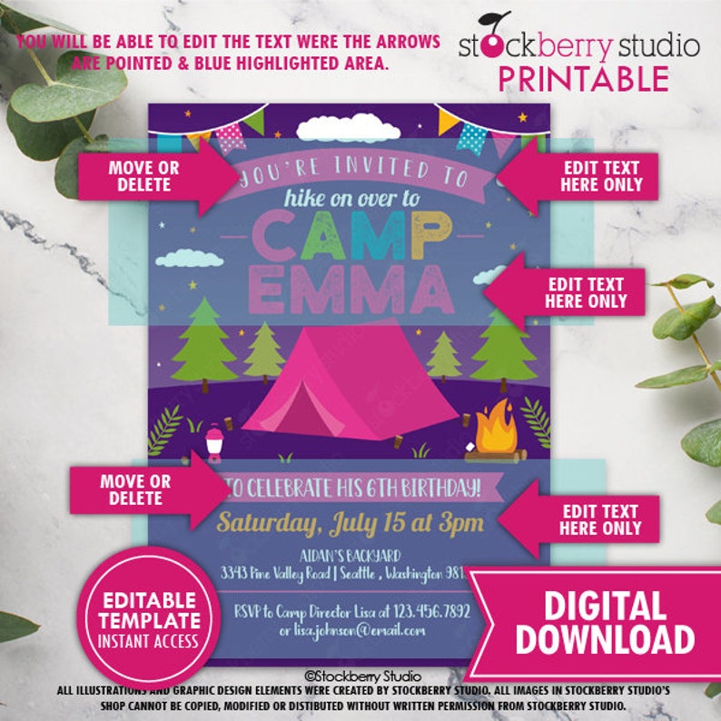 Puede incluir: Invitaci&oacute;n de cumplea&ntilde;os editable e imprimible con tem&aacute;tica de campamento. La invitaci&oacute;n presenta un fondo morado con una tienda de campa&ntilde;a rosa, una fogata y &aacute;rboles. El texto dice "&iexcl;Est&aacute;s invitado a hacer una caminata hasta el Campamento Emma para celebrar su sexto cumplea&ntilde;os! S&aacute;bado 15 de julio a las 3:00 p. m. Patio trasero de Aidan 3343 Fine Valley Road | Seattle, Washington 981. RSVP a la directora del campamento Lisa al 123.456.7892 o lisa.johnson@ermail.com".