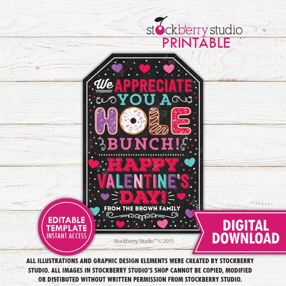 Valentine's Day Donut Gift Tags Editable Teacher Appreciation Gift Donut Hole Gift Tag Staff Volunteer Valentine Thank You Instant Download Il_570xn