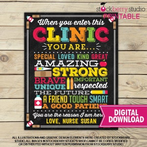 Może przedstawiać: Cyfrowy wydruk z czarnym tłem i kolorowym tekstem. Na wydruku widnieje napis: "When you enter this CLINIC, YOU ARE... SPECIAL, LOVED, KIND, GREAT, AMAZING, STRONG, BRAVE, UNIQUE, A FRIEND, TOUGH, SMART, A GOOD PATIENT." Zawiera tekst "DIGITAL DOWNLOAD."