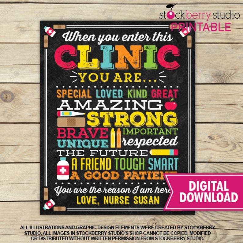 Może przedstawiać: Cyfrowy wydruk z czarnym tłem i kolorowym tekstem. Na wydruku widnieje napis: "When you enter this CLINIC, YOU ARE... SPECIAL, LOVED, KIND, GREAT, AMAZING, STRONG, BRAVE, UNIQUE, A FRIEND, TOUGH, SMART, A GOOD PATIENT." Zawiera tekst "DIGITAL DOWNLOAD."