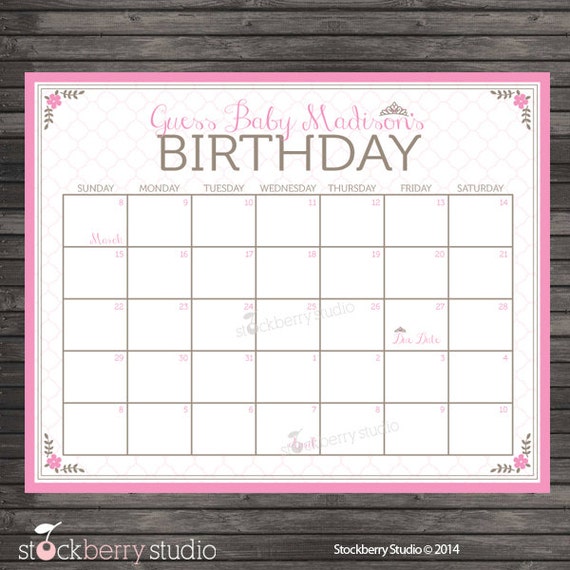 Princess Baby Shower Guess the Due Date Calendar - Pink Baby Shower Birthday Prediction Calendar - Girl Baby Shower Games Printable Il_570xn