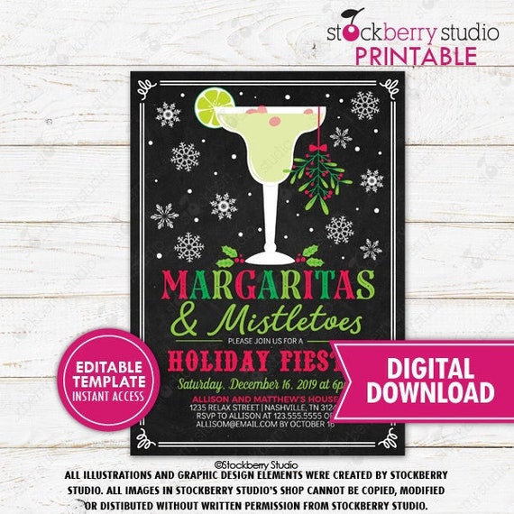 Margaritas and Mistletoe Invitation Christmas Cocktail Invitation Holiday Cocktail Party Invitation Christmas Party Invite Printable