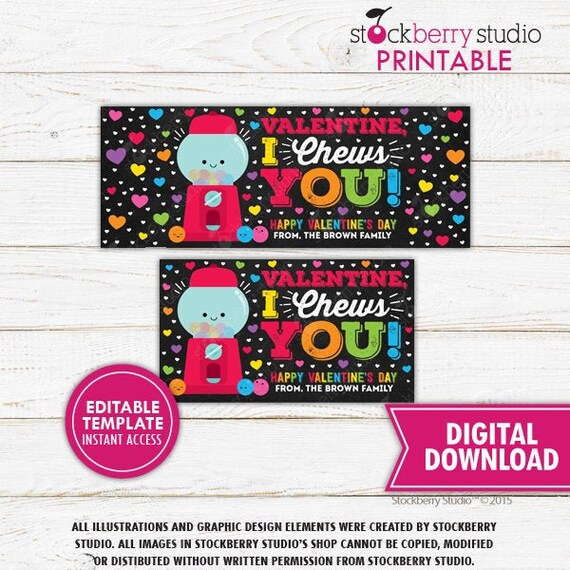 Bubble Gum Valentine Treat Bag Toppers Valentine's Day Gumball Goodie Bag Topper I Chews You Valentine Printable Favor Bag Labels Download Il_570xn