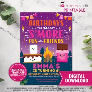 Puede incluir: Invitación de cumpleaños morada y rosa con una fogata, malvavisco, barra de chocolate y galleta graham. El texto dice "Los cumpleaños son más divertidos con amigos" y "¡Emma cumple 6!"