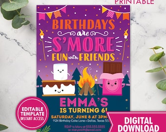 May include: Purple and pink birthday invitation featuring a campfire, marshmallow, chocolate bar, and graham cracker. The text reads "Birthdays are S'more Fun with Friends" and "Emma's is turning 6!"
