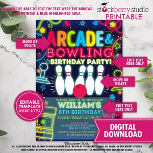 May include: A digital invitation for an arcade and bowling birthday party. The invitation features a neon-coloured arcade game and bowling pins on a dark blue background. The text "Arcade & Bowling Birthday Party!" is in a colourful neon font. The invitation is editable and includes the text "William's 8th Birthday".