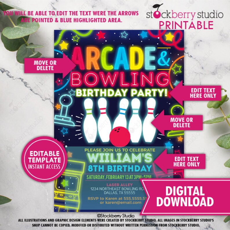 May include: A digital invitation for an arcade and bowling birthday party. The invitation features a neon-coloured arcade game and bowling pins on a dark blue background. The text "Arcade & Bowling Birthday Party!" is in a colourful neon font. The invitation is editable and includes the text "William's 8th Birthday".