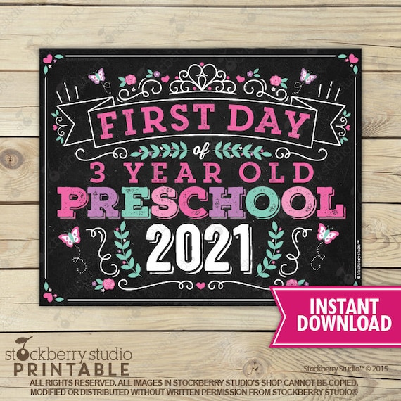 Princess First Day of 3 Year Old Preschool Sign Instant Download - Girl First Day of Preschool Sign Printable - First Day of School Sign Il_570xn