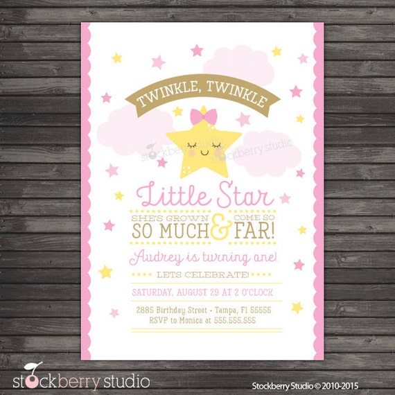 Twinkle Twinkle Little Star Invitation Printable - Twinkle Twinkle little Star Birthday Invites - Girl First Birthday Party - Pink and Gold Il_570xn