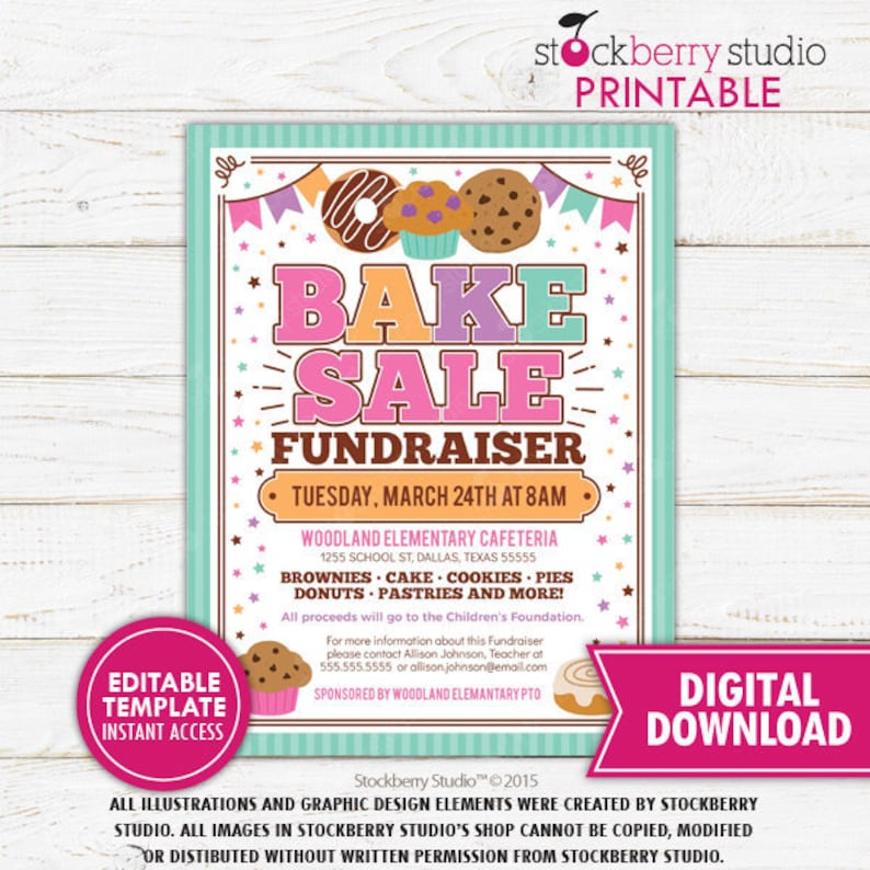 Bake Sale Flyer PTA PTO School Fundraiser Church Charity Event Invite Cake Sale Template Printable Instant Download Editable Color 1