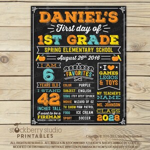 May include: A chalkboard-style sign for Daniel's first day of 1st grade at Spring Elementary School on August 26th, 2016. The sign features orange, yellow, and blue text detailing age, height of 42 inches, favorites, teacher's name, and future goals.