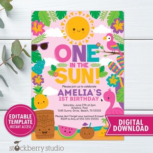 One In The Sun 1st Birthday Girl Pool Party Invitation Printable Splish Splash Summer Swim Party Invite Tropical Instant Download Editable