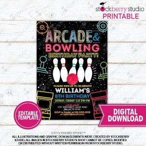 Arcade Bowling Birthday Party Invitation Printable Boy Neon Glow Bowl Games Invite Boys Digital Instant Download Editable Template Digital - Black 5x7