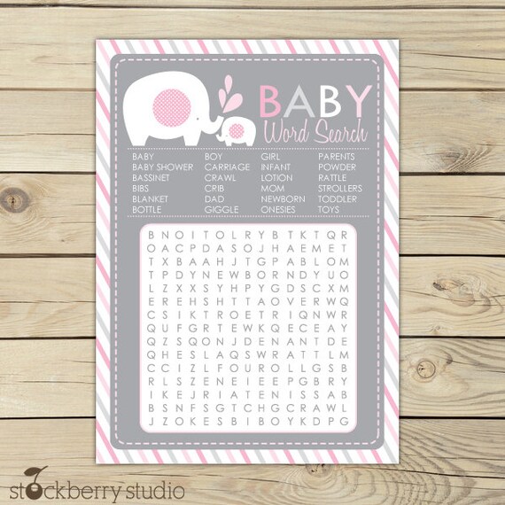 Girl Elephant Baby Shower Word Search Game - Pink and Gray Baby Shower Game - Instant Download - Girl Baby Shower Games Printable Il_570xn