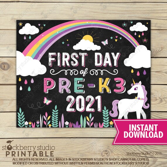 Unicorn First Day of Pre K3 Sign - Rainbow 1st Day of School Printable - Girl First Day of School Sign - Pre K 3 Sign - Instant Download Il_570xn