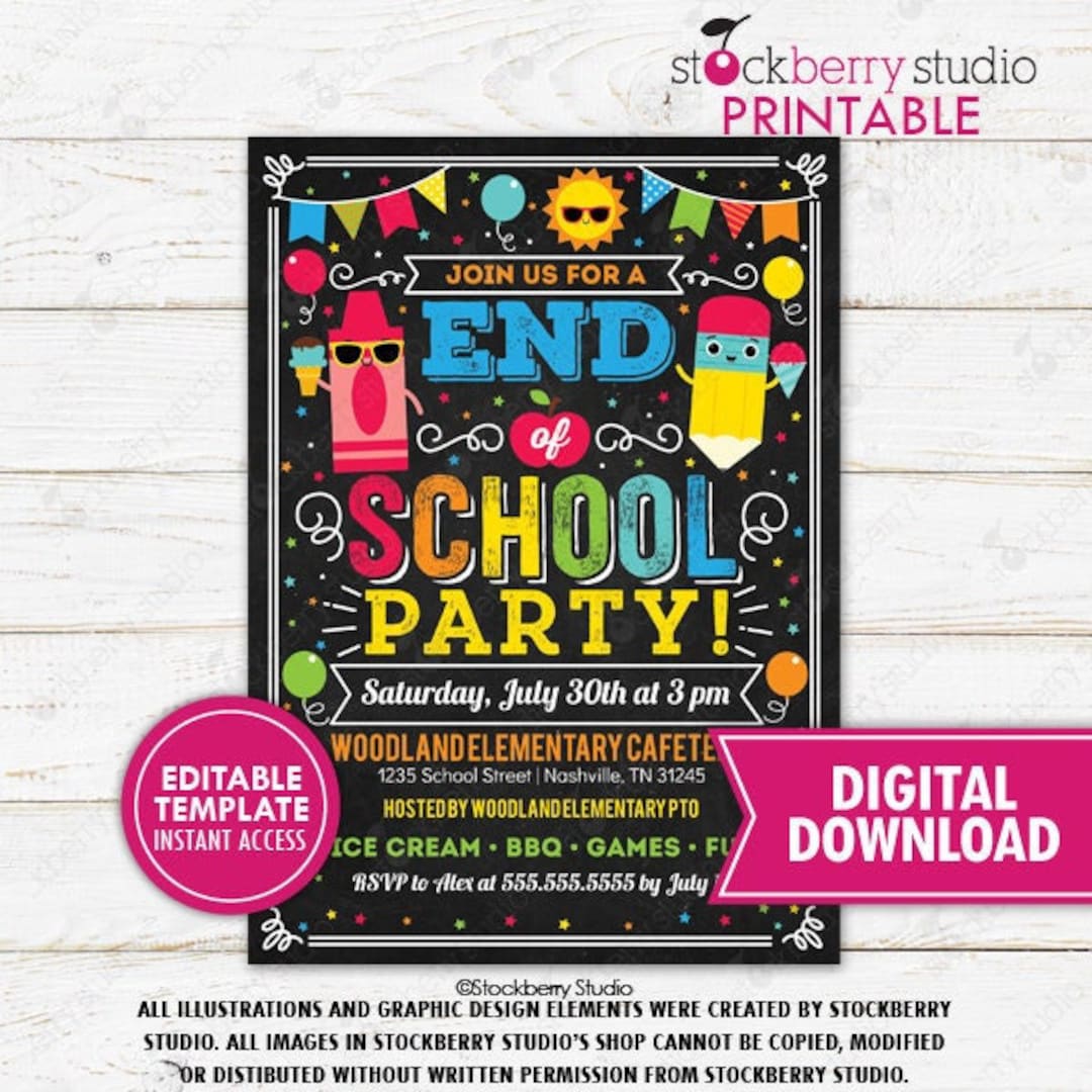 End of School Party Invitation Printable Teacher Classroom Last Day of ...