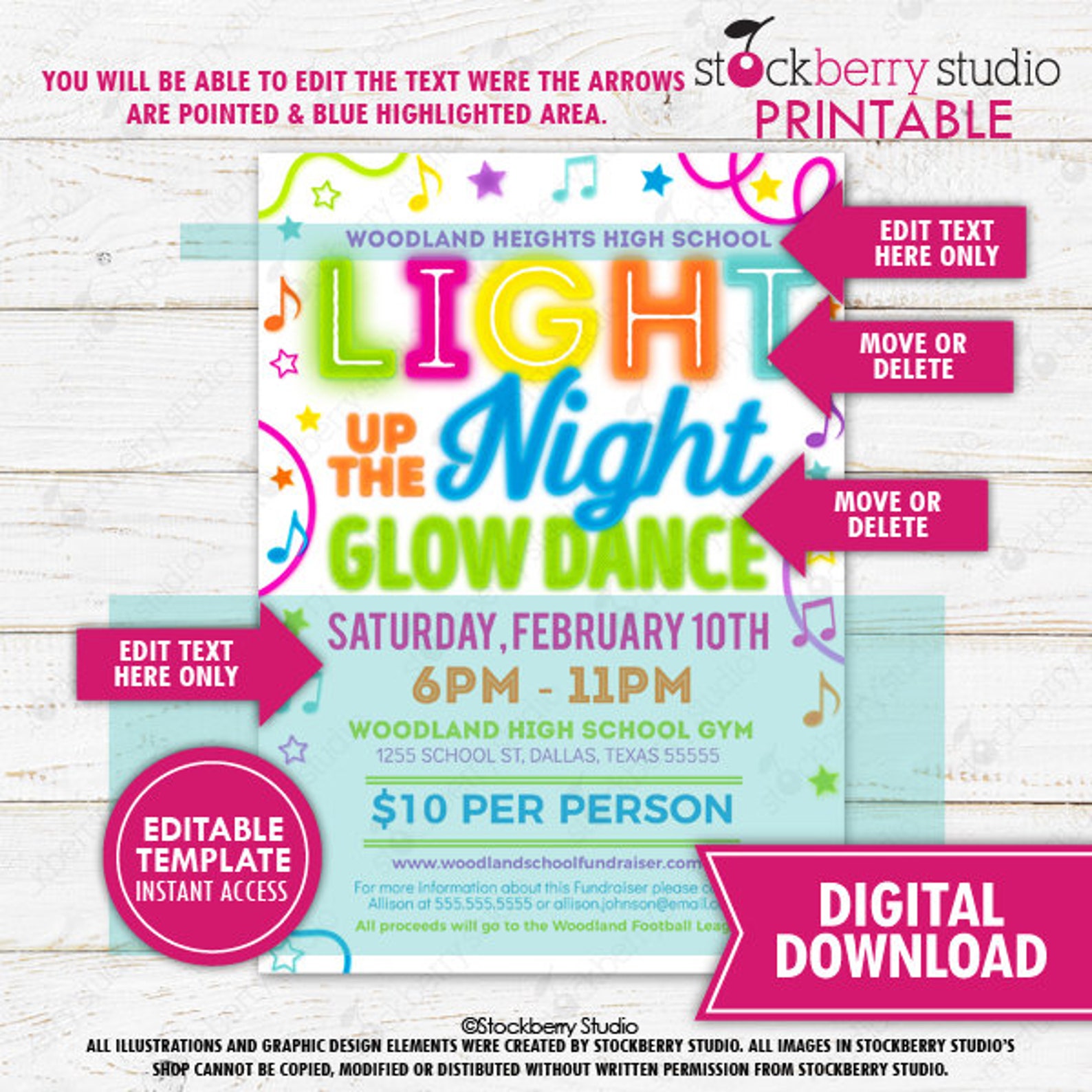 Light up the Night Glow Dance Flyer Ticket Invite Set Printable Neon ...