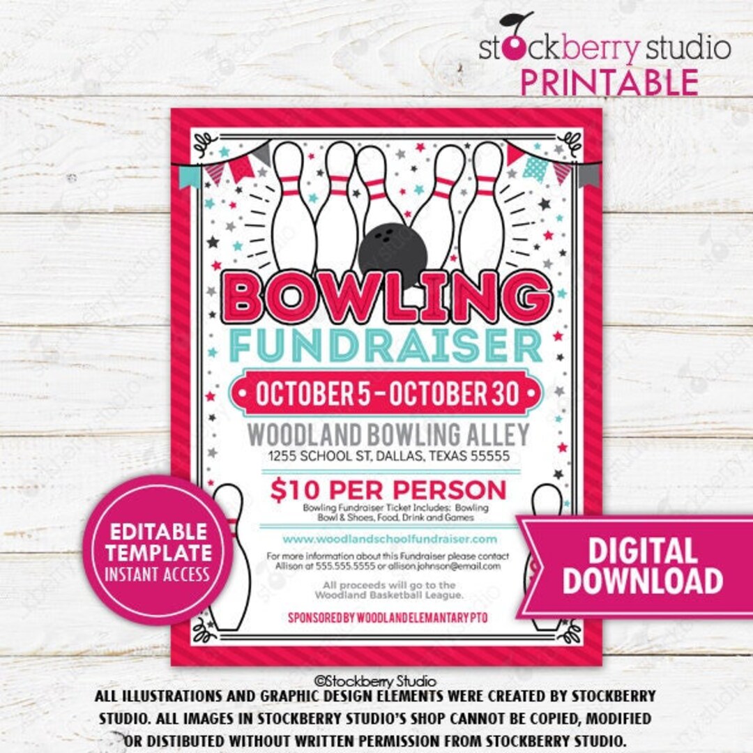 Bowling Fundraiser Flyer Printable School Party Invitation PTO PTA ...