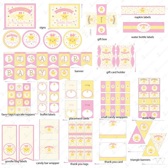 Twinkle Twinkle Little Star Baby Shower Party Decorations Printable - Pink and Gold - Instant Download - Girl Baby Shower Party Kit Il_570xn