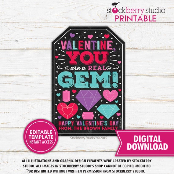 Gem Valentine Tag You're a Real Gem Valentine's Day Pop Tag Printable Class Valentines Classroom Gifts for Kids Editable Instant Download Il_570xn