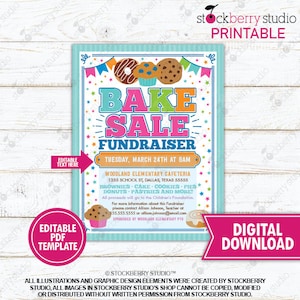 Bake Sale Flyer PTA PTO School Fundraiser Church Charity Event Invite Cake Sale Template Printable Instant Download Editable Color 4