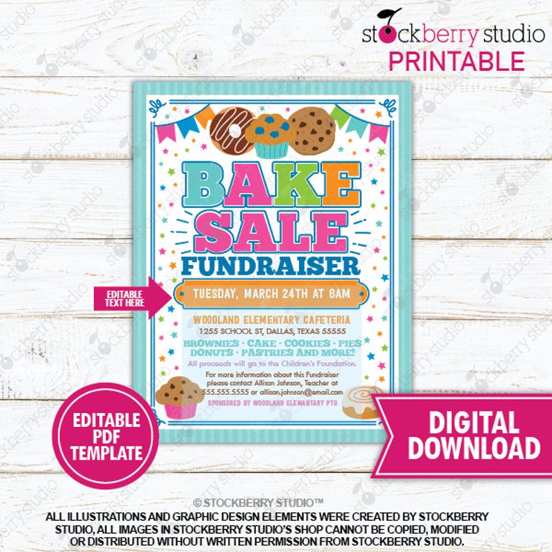 Bake Sale Flyer PTA PTO School Fundraiser Church Charity Event Invite Cake Sale Template Printable Instant Download Editable Color 4