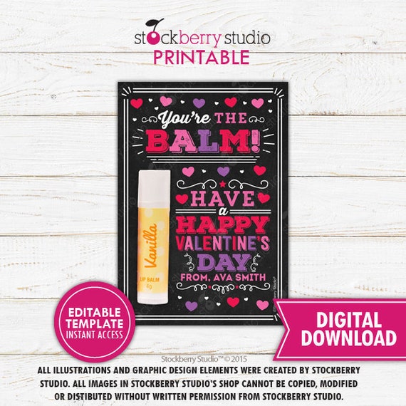 You're The Balm Valentine Gift Tag Lip Balm Valentine Card Printable Editable Valentine's Day Lip Gloss Tag Teacher Instant Download Il_570xn