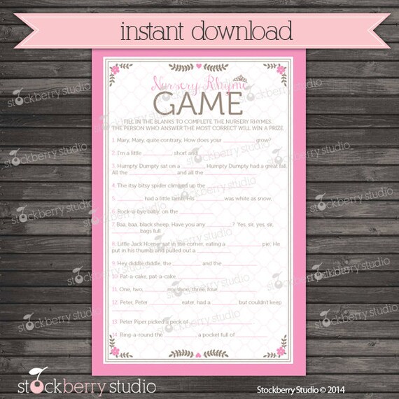 Princess Baby Shower Nursery Rhyme Game - Girl Baby Shower Games Printable - Instant Download - Pink Baby Shower Game - Royal Baby Shower Il_570xn