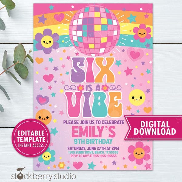 Six is Vibe Invite Disco 6th Birthday Invitation Girl Groovy Hippie Retro 70s Tween Teen Kids Dance Party Editable Instant Download