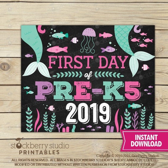 Mermaid First Day of Pre K5 Sign Instant Download - Girl First Day of Pre-K 5 Sign Printable - First Day of School - First day of Prek5 sign Il_570xn
