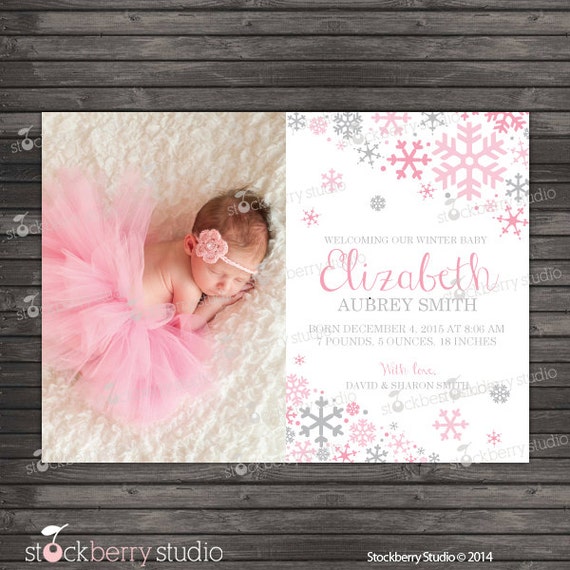 Winter Baby Birth Announcement Printable - Pink and Gray Christmas Baby Photo Card - Snowflake Girl Birthday Thank You Card Wonderland Il_570xn