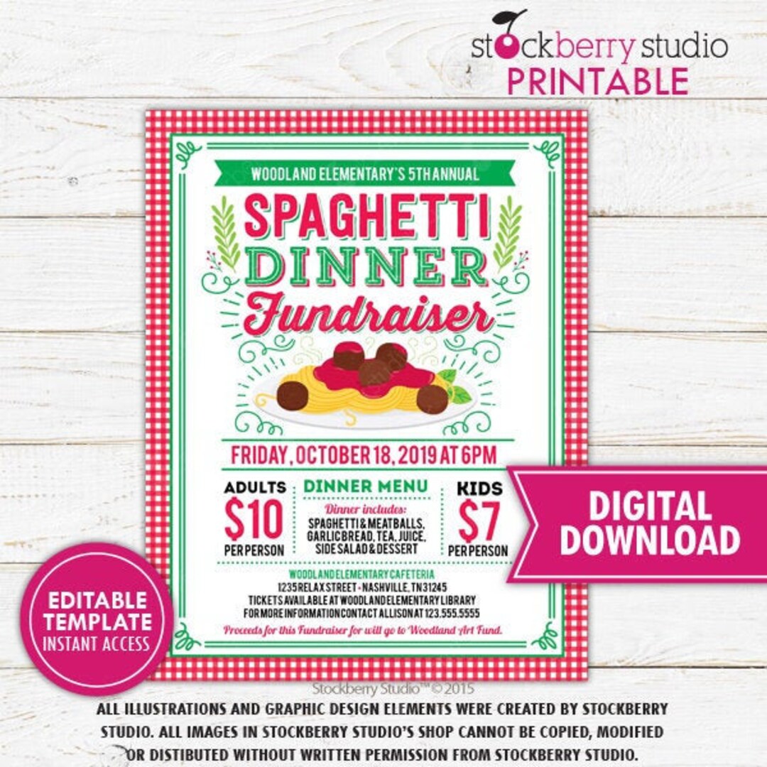 Spaghetti Dinner Fundraiser Flyer Printable Pasta Dinner Etsy 日本