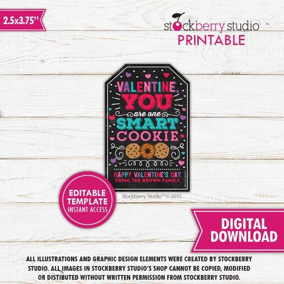 Valentine's Day Cookie Tags Printable Valentine Cookies for Kids Classroom Valentine You Are One Smart Cookie Valentine Tag Instant Download Il_570xn
