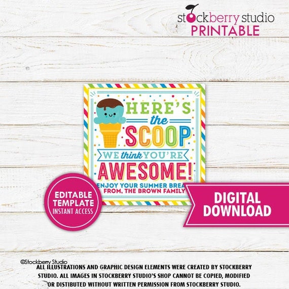 Ice Cream Gift Tag Summer Gift Tags End of School Year Staff Employee Teacher Appreciation School PTO PTA Thank You Label Editable Template Il_570xn